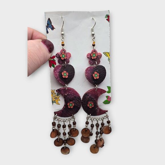 Boho Lunar Statement Long Earrings - Picture 1 of 5